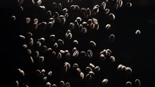 Roasted coffee beans fly and spin on a black background