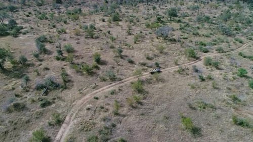 Aerial follows empty safari vehicle on rough dirt road in South Africa