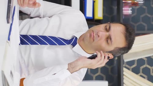 Man Answering Call, Writing, in Office Environment