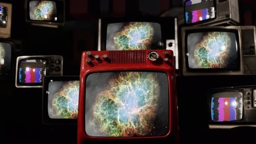 Vintage Televisions Displaying Cosmic Nebula Screens