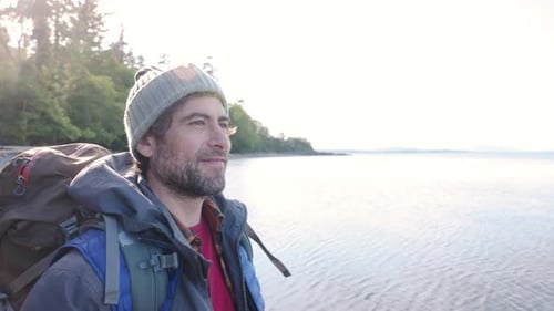 Smiling Man Hing Photographing Sunny Ocean View on Beach 4044 Years
