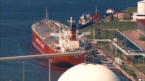 port of Riga seen from above with various piers, terminals, railway and cargo