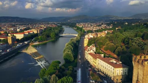 Aerial Drone View: Historically and Culturally Rich Italian Town at Dawn. Beautiful Old City Surrou