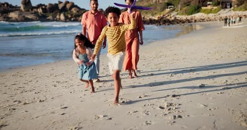 Family, children and plane or beach play or together adventure for holiday, bonding or travel