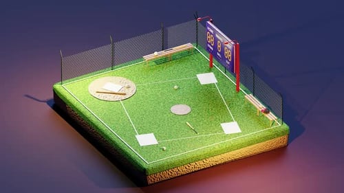 3D Isometric Animation of Baseball Court with Scoreboard