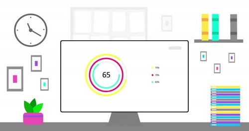 Office Computer with Simple Modern Round Infographics on Screen Modern Office Interior and Data or