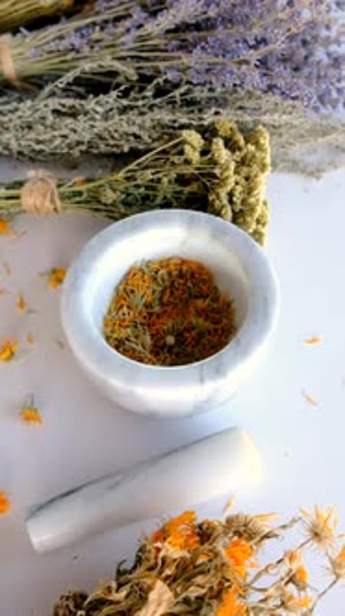 Dried Medicinal Herbs and Flowers Selective Focus
