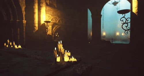 Flickering Candles in Ancient Stone Dungeon Loop