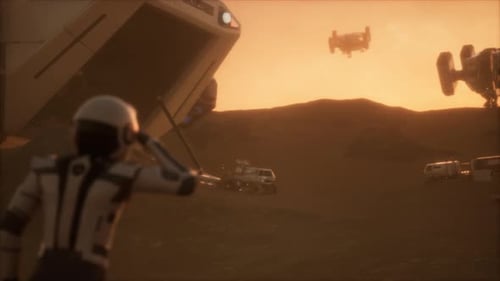 Astronaut Looking at the Horizon as Spaceships Descend on Mars