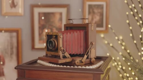 Vintage Camera Model on Display with Christmas Lights