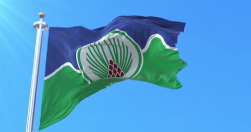Waving Flag with Green and Blue Design Against Blue Sky