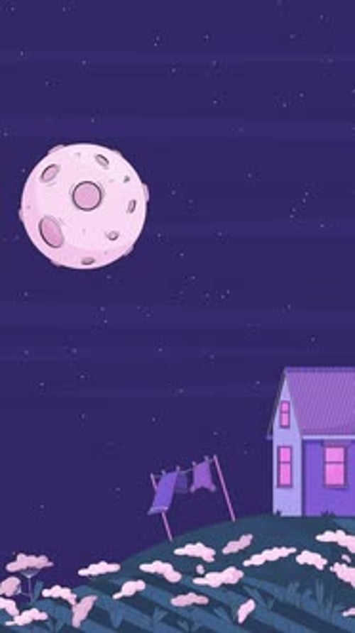 Tranquil night countryside with house and moon lofi vertical animation