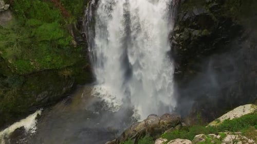 Cascades In The Toxa River, Galicia, Spain. Fervenza do Toxa Waterfall. Aerial Drone Shot