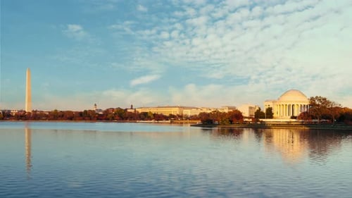 Thomas Jefferson memorial and Washington monument time lapse video on sunset at Tidal basin.