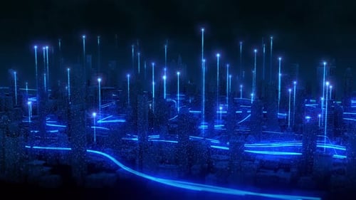 4K Big data communication in a smart city network connection with glowing technology lines