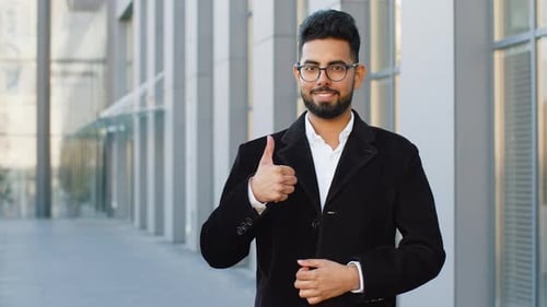 Happy Business Man Showing Thumbs Up Like Sign Positive Good Positive Feedback in City Street
