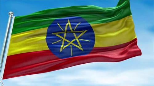 Realistic Ethiopian Flag Waving in Blue Sky