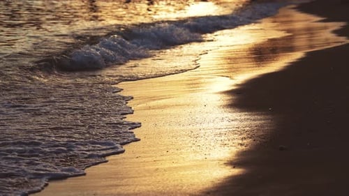 Blue Sea Wave White Foam Golden Sand Beach Turquoise Ocean Water and Waves From Seashore Close Up