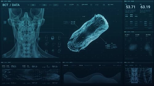 Medizintechnischer Bildschirm eines menschlichen Schädels und 3D-Scan von Bakterien mit Daten zur Überwachung der P...