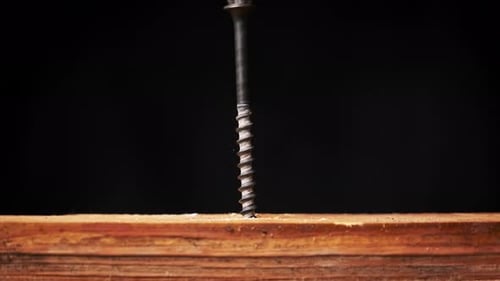 The Screw is Screwed Into the Wood Board with a Screwdriver Extreme Macro