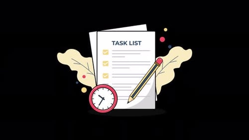 Task List with Clock and Pencil. Work Process Concept Animation Video - Transparent