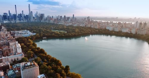 View of marvelous New York skyscrapers from the side of Central Park.