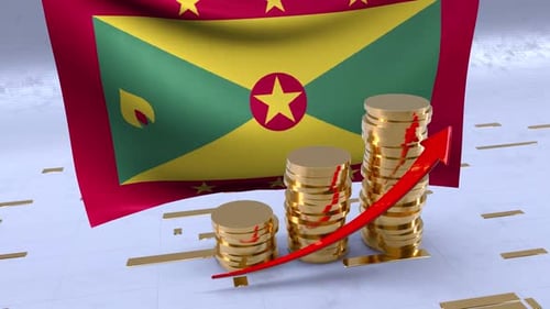 Grenada Flag With Gold Coins Tower And Up Arrow