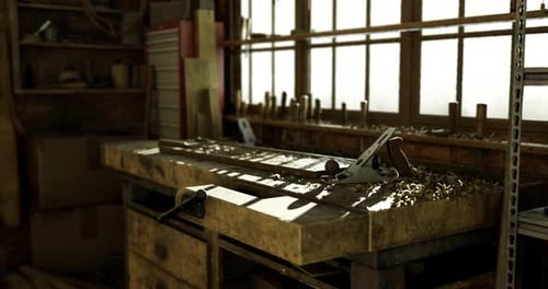 Craftsmanship in a Rustic Workshop Showcasing a Beautiful Wooden Workbench