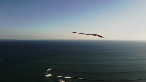 Janggan kite with long tail soaring in sky high above sea in Bali.