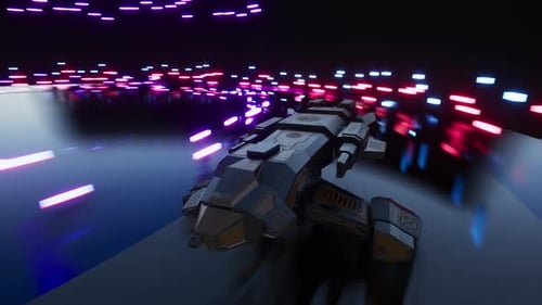 un vaisseau spatial passe sur Neon Highway, rendu 3D