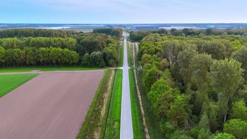 Straight highway along the fields and forest. Drone footage above the road.
