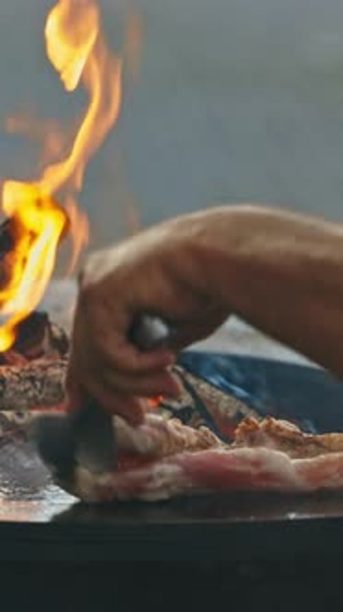 The Chef Cooks Meat and Cutlets on the Grill with