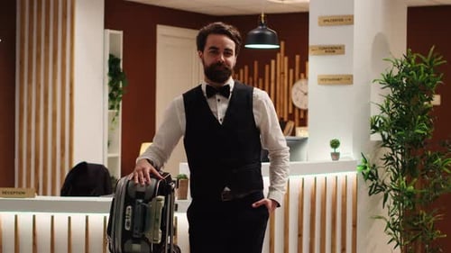Friendly Bellhop Smiling in a Hotel Lobby