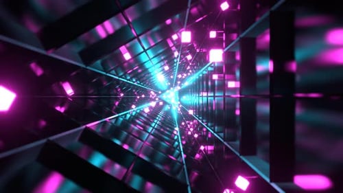 Cyan And Pink Sci Fi Triangular Tunnel With Neon Cubes Background VJ Loop l 4K