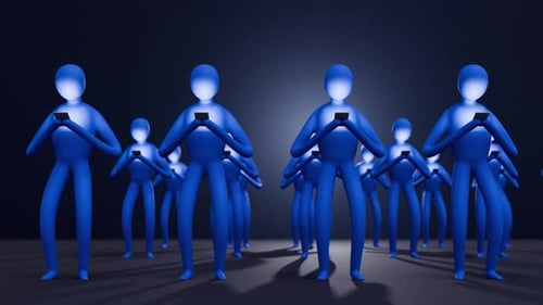 Abstract Blue Figures Interacting with Glowing Smartphones