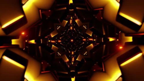 Kaleidoscope Geometry Lights Tunnel Mandala Glowing Golden Red Futuristic Metallic