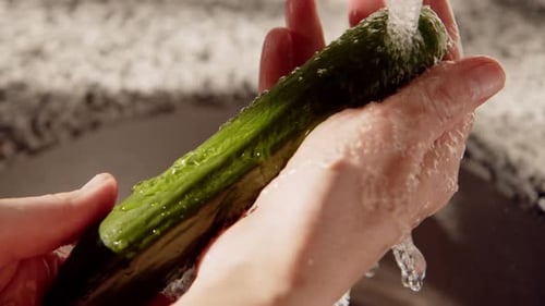 Close Up View of Female Hands Washing Fresh Green Cucumber Under Running Water in Kitchen in Morning