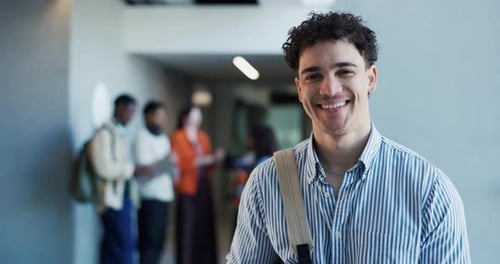 Face, student and man in college, laugh and happy to learn with scholarship
