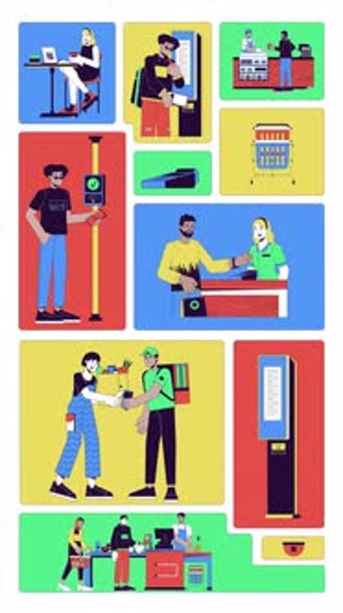 Modern shopping with self-checkout bento grid vertical animation