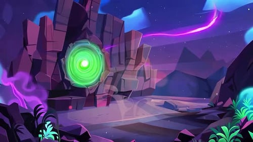 Mystical Green Energy Portal In Alien Landscape, Cartoon Fantasy World, Magical Energy, Time Travel