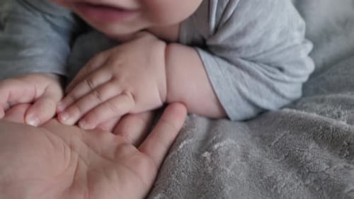 Close-up of infant hand on adult palm