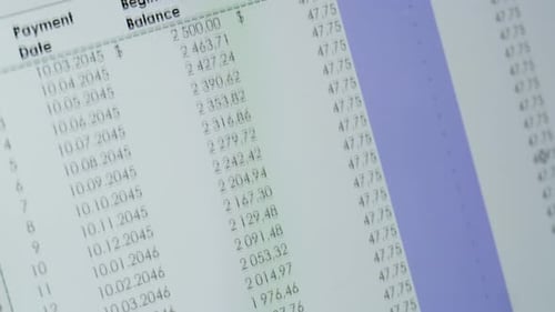 Closeup of Financial Cash Flow Data on PC Screen Mortgage Payment Sheet Schedule Loan Fee