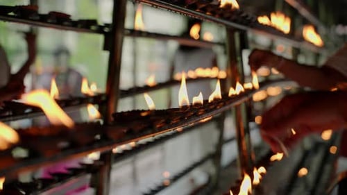 Person Lights Oil Lamps for Religious Ritual in Buddhist Temple Devotees Perform Traditional