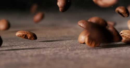 Close up of seeds of coffee. Fragrant coffee beans Super Macro Close Up. Shot on super slow motion