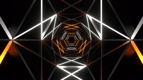 Orange And White Neons Moves Along Hexagon Grate Tunnel Background Vj Loop In 4K