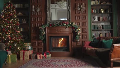 Cozy Christmas living room with fireplace and tree