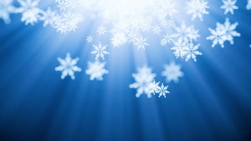 Sparkling Snowflakes Falling with Light Rays Background