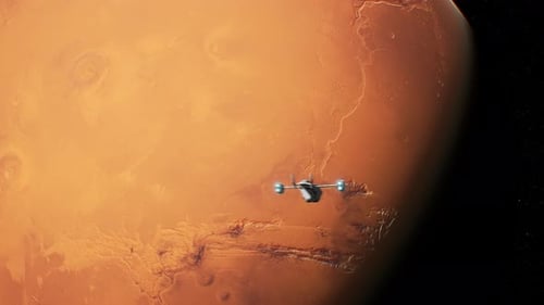 Futuristic Spacecraft Approaching Mars Planet Exploration Journey