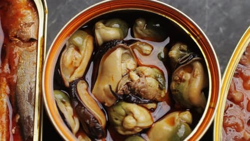 Canned Mussels and Fish Close-Up