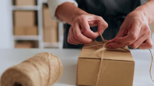 Warehouse Worker Packs A Box For Shipment Using Thread Kraft Paper Packaging Materials, Storekeeper